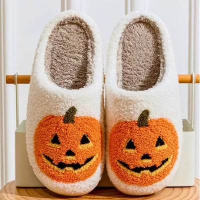 Papuci de dovleac de Halloween Fantomă Față amuzantă Pantofi de casă plat de interior Pluș moale Confortabil pentru femei Bărbați Film de groază Cadouri de Halloween