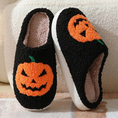 Papuci de dovleac de Halloween Fantomă Față amuzantă Pantofi de casă plat de interior Pluș moale Confortabil pentru femei Bărbați Film de groază Cadouri de Halloween