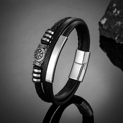 Viking Rune Compass Brățări din piele cu mai multe straturi pentru bărbați, din oțel inoxidabil, cu încuietoare cu magnet, bijuterii de amuletă pentru bărbați de epocă nordică