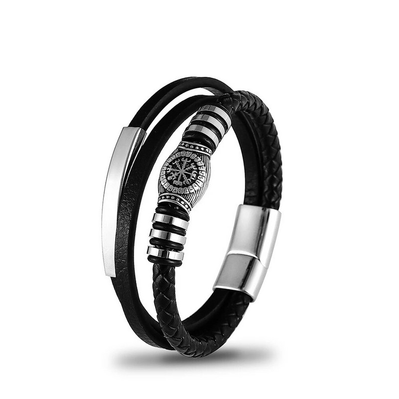 Viking Rune Compass Brățări din piele cu mai multe straturi pentru bărbați, din oțel inoxidabil, cu încuietoare cu magnet, bijuterii de amuletă pentru bărbați de epocă nordică