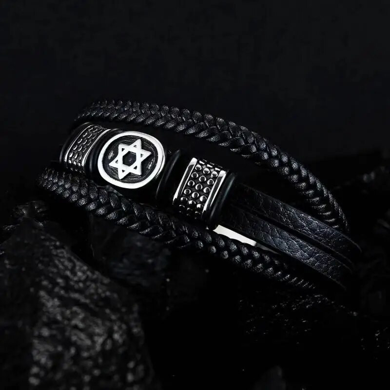 Mados Davido žvaigždė Daugiasluoksnė odinė pintinė apyrankė su magnetiniu užsegimu vyriški vintažiniai judaikos amuletai