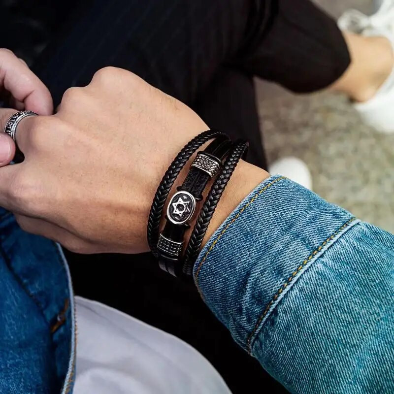 Mados Davido žvaigždė Daugiasluoksnė odinė pintinė apyrankė su magnetiniu užsegimu vyriški vintažiniai judaikos amuletai