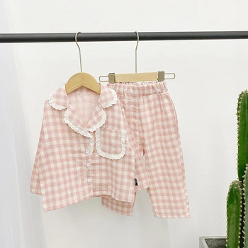 Бебе момиче, карирана пижама, комплект дрехи, памучно палто + панталон, 2 бр. Пролет, есен, бебе, малко дете, детски дневен костюм Бебешки домашен костюм 1-10 г.