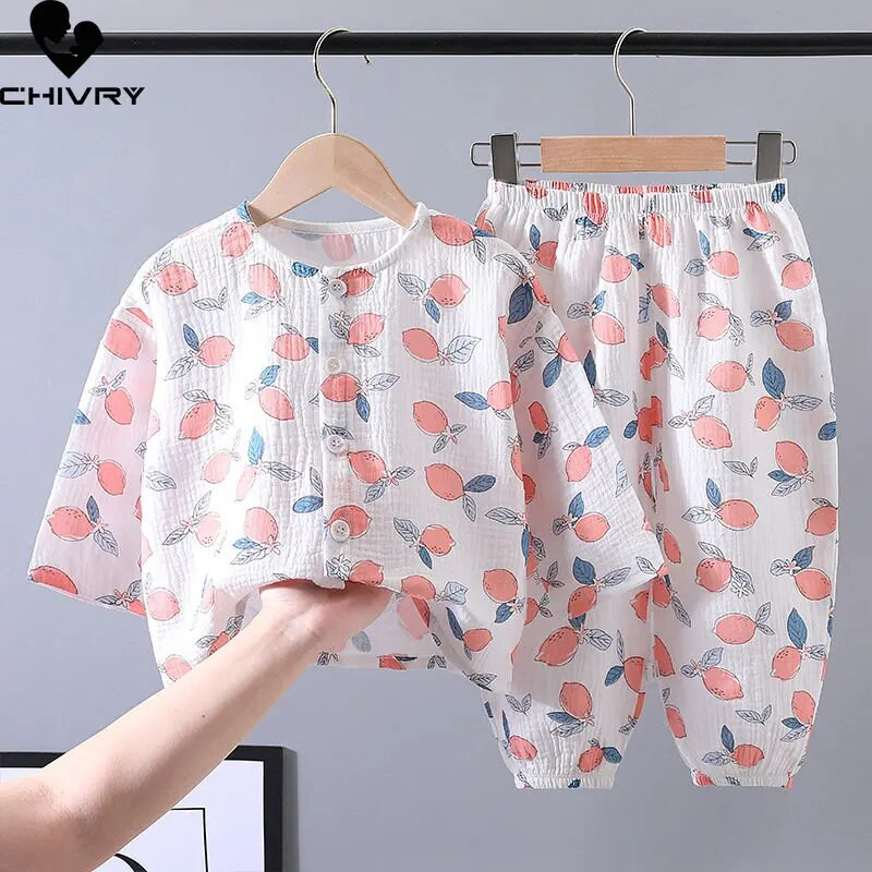 Copii Băieți Fete Pijamale 2023 Vară Bumbac In Subțire Desene Animat Topuri cu mâneci trei sferturi cu pantaloni Seturi de îmbrăcăminte pentru dormit pentru bebeluși