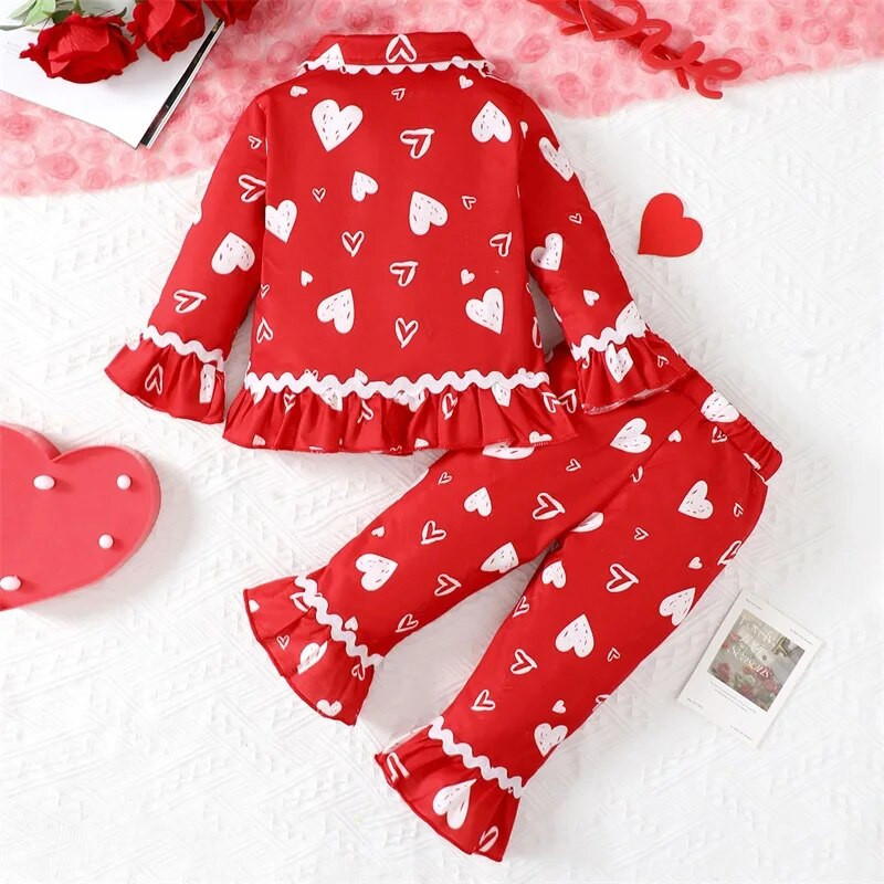 0-4Y Pižamos Rinkiniai Merginoms Valentino dienos širdelės spauda ilgomis rankovėmis marškiniai su šviesiais kelnių rinkiniai Vaikiški miegui skirti drabužiai