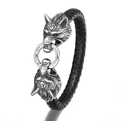 MKENDN Klasična životinja Viking Dvostruki zmaj Glava vuka 316L muška kožna narukvica od nehrđajućeg čelika Modni punk nakit Pulseras