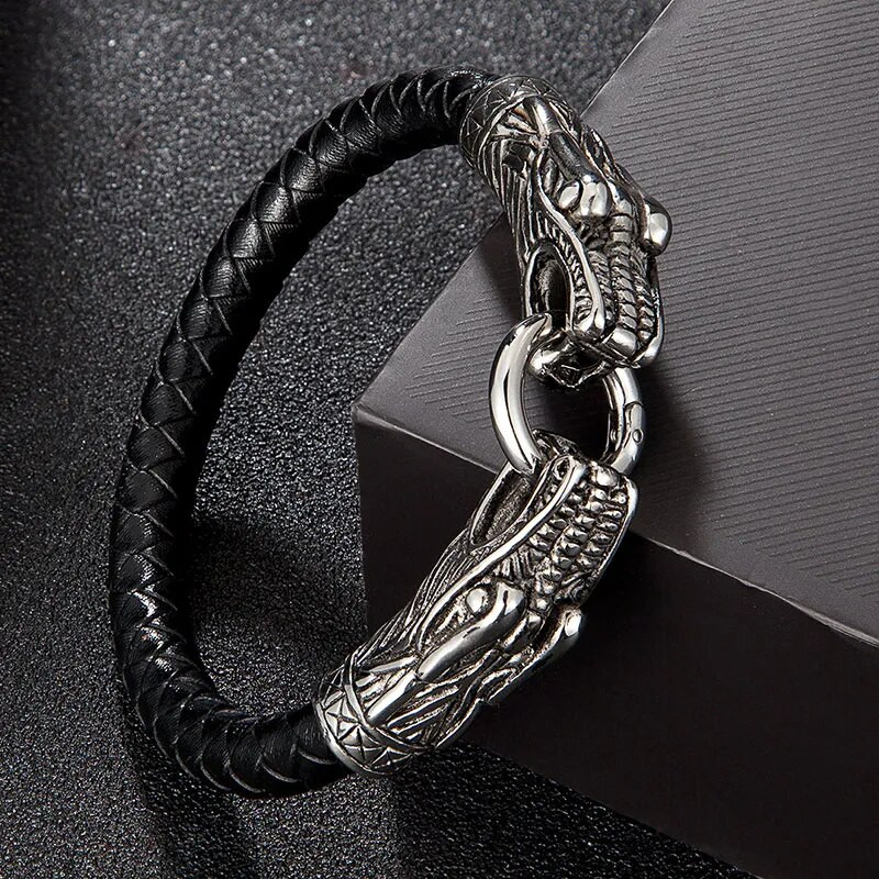 MKENDN Klasična životinja Viking Dvostruki zmaj Glava vuka 316L muška kožna narukvica od nehrđajućeg čelika Modni punk nakit Pulseras