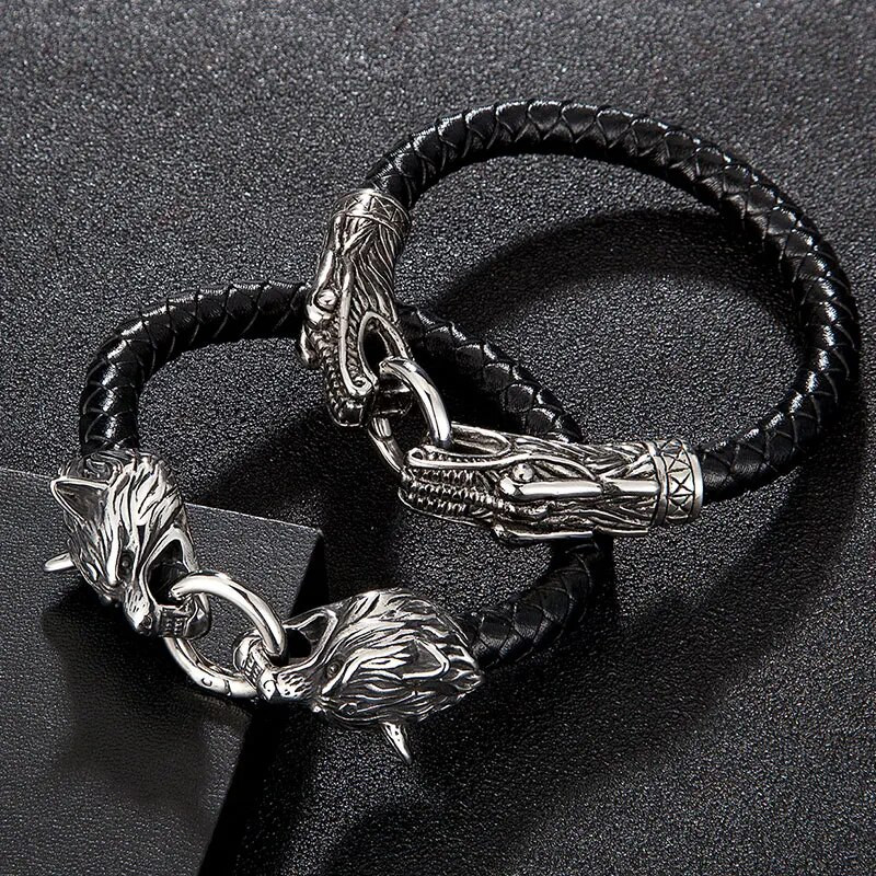 MKENDN Klasična životinja Viking Dvostruki zmaj Glava vuka 316L muška kožna narukvica od nehrđajućeg čelika Modni punk nakit Pulseras