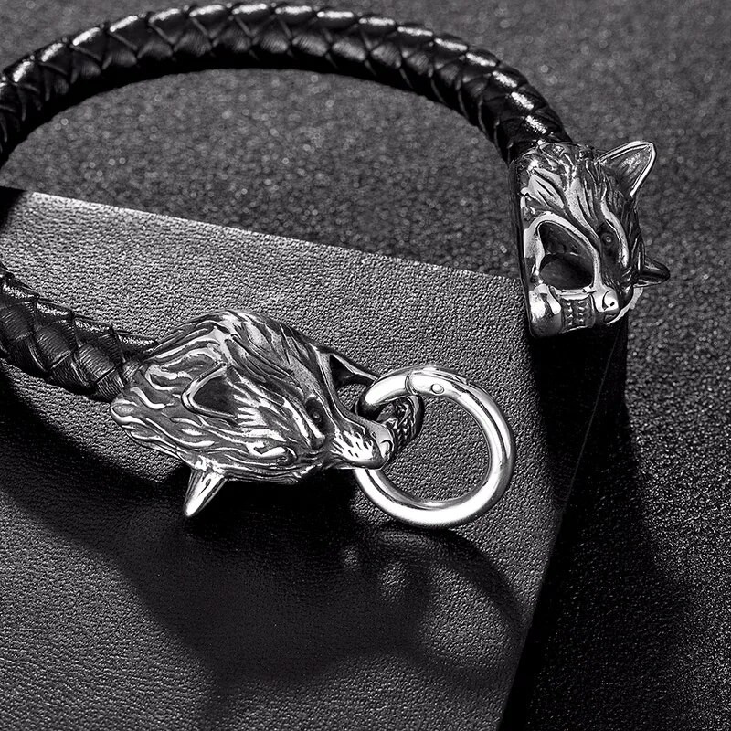 MKENDN Klasična životinja Viking Dvostruki zmaj Glava vuka 316L muška kožna narukvica od nehrđajućeg čelika Modni punk nakit Pulseras