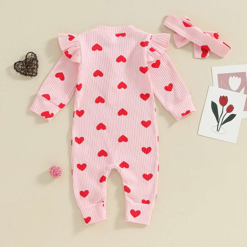 Pudcoco kūdikių šliaužtinukai Valentino dienos drabužiai širdelės V formos iškirptės sagos ilgomis rankovėmis kombinezonai mažylių žaidimų kostiumai galvos juosta 0-18M