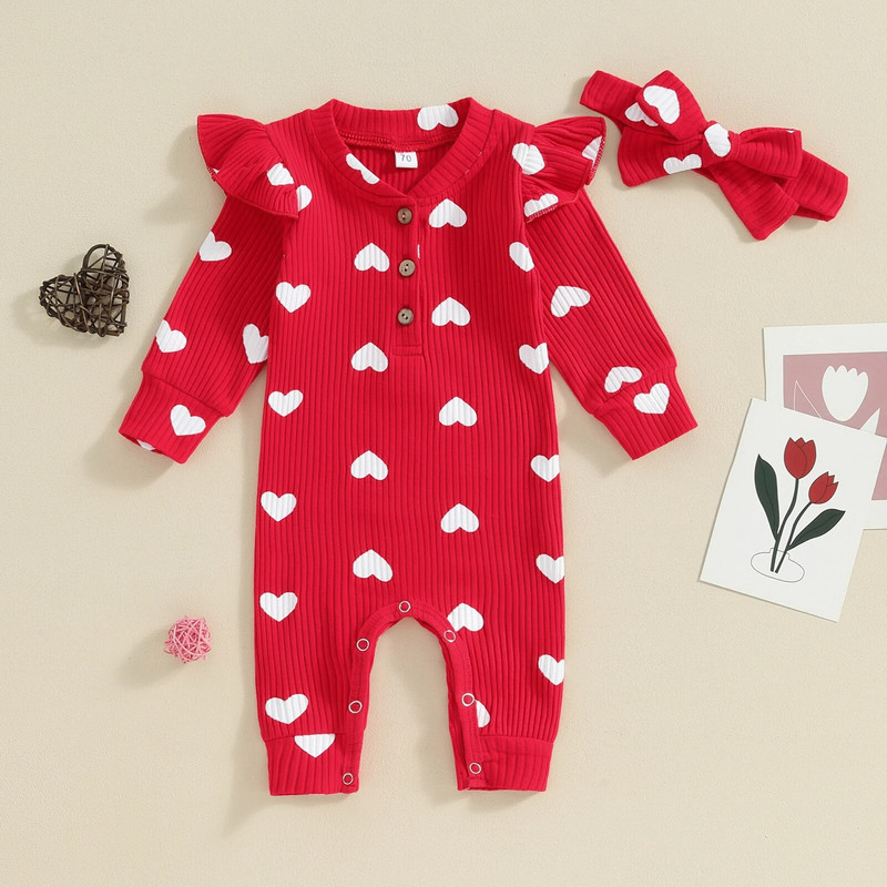 Pudcoco kūdikių šliaužtinukai Valentino dienos drabužiai širdelės V formos iškirptės sagos ilgomis rankovėmis kombinezonai mažylių žaidimų kostiumai galvos juosta 0-18M