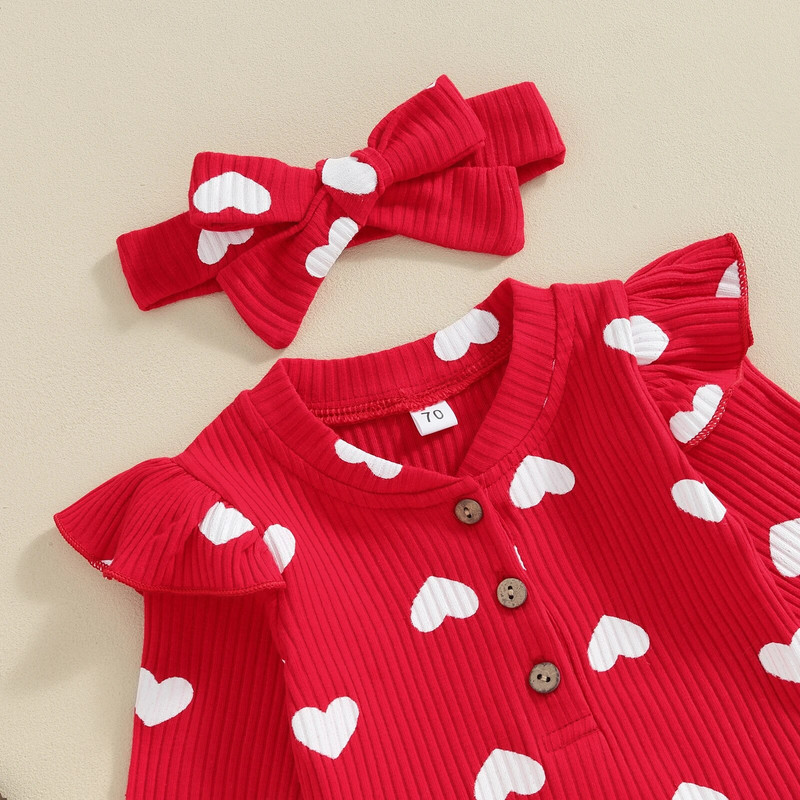 Pudcoco kūdikių šliaužtinukai Valentino dienos drabužiai širdelės V formos iškirptės sagos ilgomis rankovėmis kombinezonai mažylių žaidimų kostiumai galvos juosta 0-18M