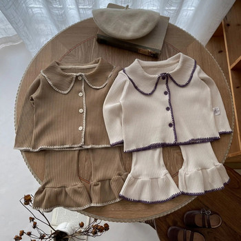 7467 Комплект бебешки дрехи Есен 2023 Бебешки плетен костюм с черупки Контрастна жилетка + камбана Ежедневен костюм от две части за момиче