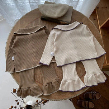7467 Комплект бебешки дрехи Есен 2023 Бебешки плетен костюм с черупки Контрастна жилетка + камбана Ежедневен костюм от две части за момиче