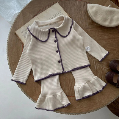 7467 Baby Clothing Set 2023 Autumn Infant Shell Knitted Split Suit Contrast Cardigan+ Bell Bottoms Casual Girl`s Two-piece Suit