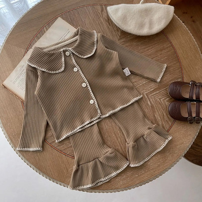 7467 Set de îmbrăcăminte pentru bebeluși 2023, toamnă pentru sugari, costum tricotat, tricotat, cardigan contrastant+ pantaloni cu clopoței, costum din două piese pentru fetiță.