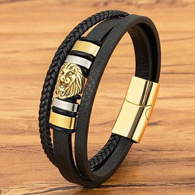 XQNI 3 цвята мъжка кожена гривна от неръждаема стомана Lion Bead Charm Модни пънк многослойни гривни за мъжки бижута Подарък