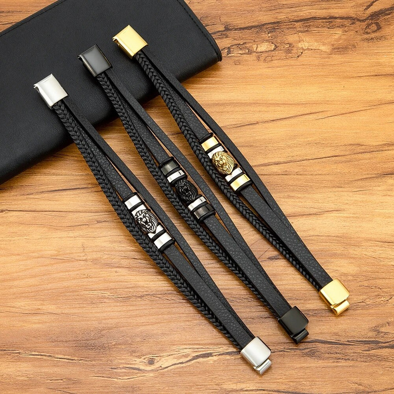 XQNI 3 spalvų vyriška odinė apyrankė iš nerūdijančio plieno liūto karoliuko žavesio mados panko daugiasluoksnės apyrankės vyriškiems papuošalams, dovanoms