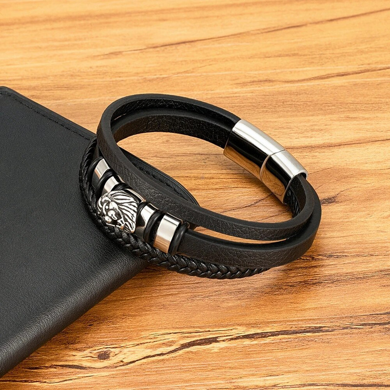 XQNI 3 spalvų vyriška odinė apyrankė iš nerūdijančio plieno liūto karoliuko žavesio mados panko daugiasluoksnės apyrankės vyriškiems papuošalams, dovanoms