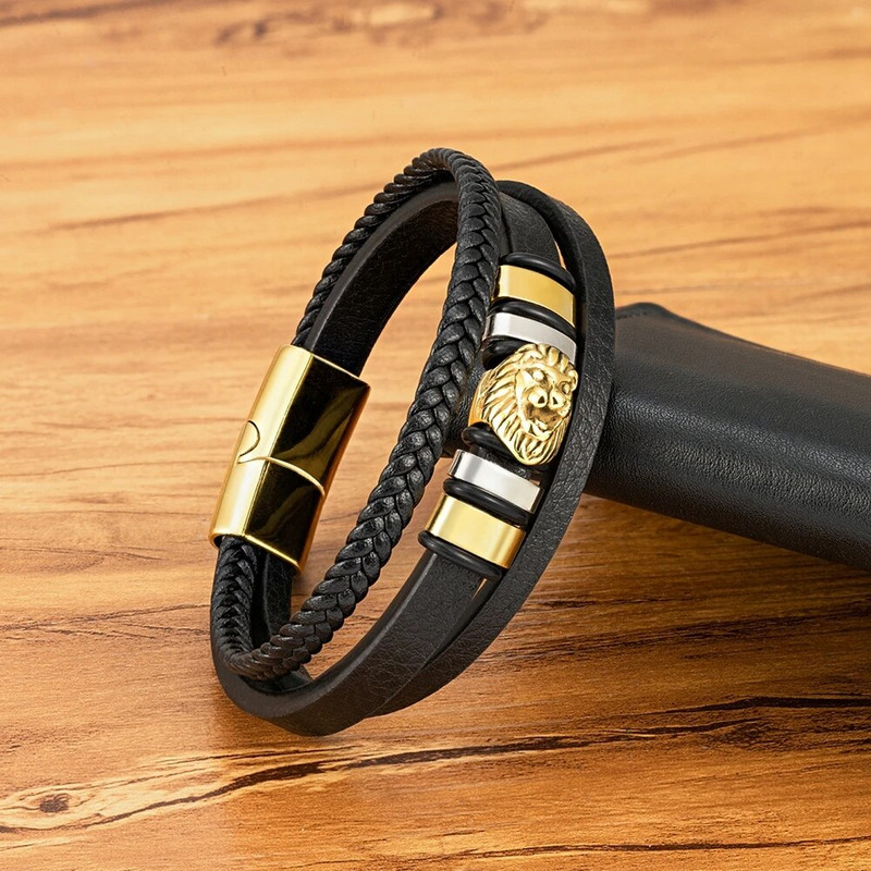 XQNI 3 spalvų vyriška odinė apyrankė iš nerūdijančio plieno liūto karoliuko žavesio mados panko daugiasluoksnės apyrankės vyriškiems papuošalams, dovanoms