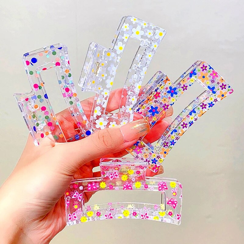 Femei Imprimare Transparentă Gheare De Păr De Floră Agrafă De Păr Dură Colorate Din Plastic Bride De Păr Dimensiuni Mari Accesorii De Păr Crab