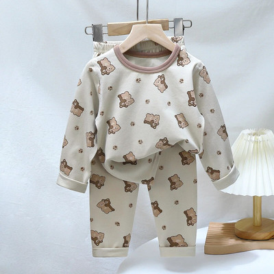 Pijamale de Crăciun pentru copii Set de îmbrăcăminte de iarnă pentru băieți, fete, topuri cu gâtul în formă de O + pantaloni lungi, pijamale pentru copii, urs din desene animate, pijamale pentru copii