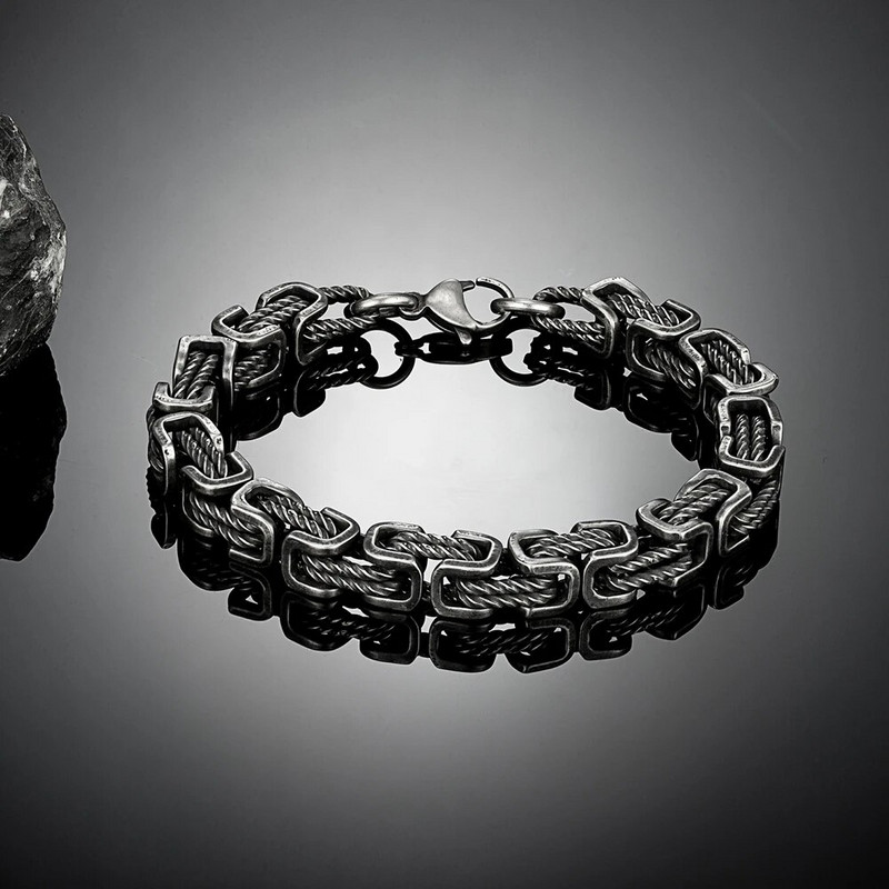 MKENDN Punk Brățări din oțel inoxidabil 316L, creativ, retro, oxidat, negru, geometric, bizantin, cu lanț, bijuterii pentru motociclete