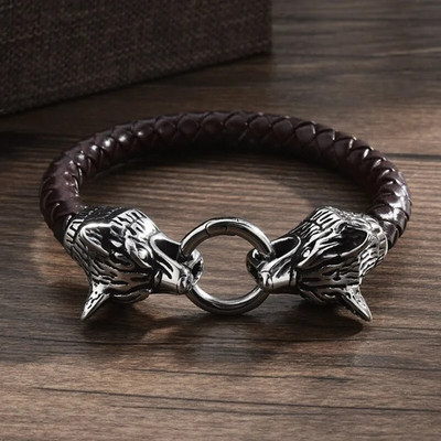 Wolf Head Kožna narukvica Muškarci Domineering Street Cool Modni nakit Muški vintage nordijski nakit Poklon