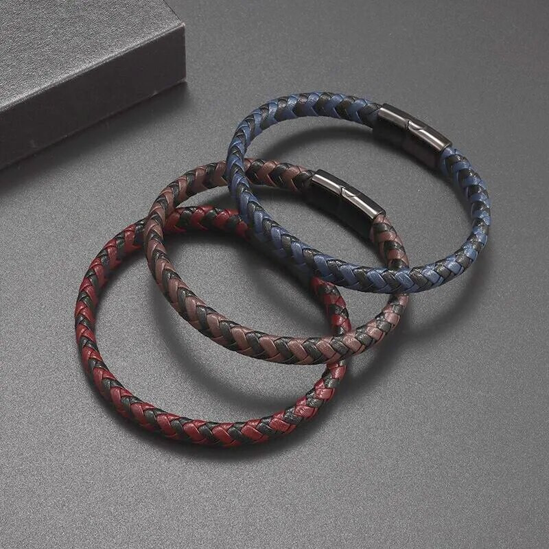 Brățară din piele împletită în două tonuri clasică cu un singur strat Brățări din metal cu închizătoare magnetică Bijuterii casual pentru bărbați.