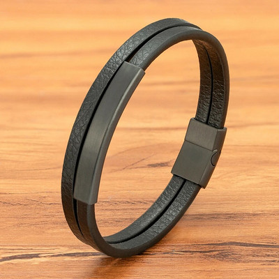 XQNI Brățară și brățară din piele neagră pentru bărbați, stil clasic, din oțel inoxidabil, design cu două straturi, personalizare DIY pentru prieten