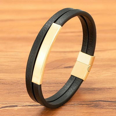 XQNI Brățară și brățară din piele neagră pentru bărbați, stil clasic, din oțel inoxidabil, design cu două straturi, personalizare DIY pentru prieten
