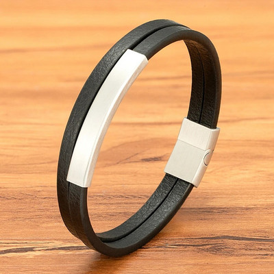 XQNI Brățară și brățară din piele neagră pentru bărbați, stil clasic, din oțel inoxidabil, design cu două straturi, personalizare DIY pentru prieten