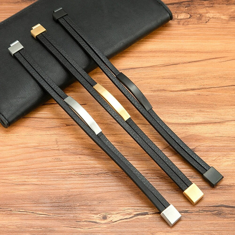 XQNI Brățară și brățară din piele neagră pentru bărbați, stil clasic, din oțel inoxidabil, design cu două straturi, personalizare DIY pentru prieten