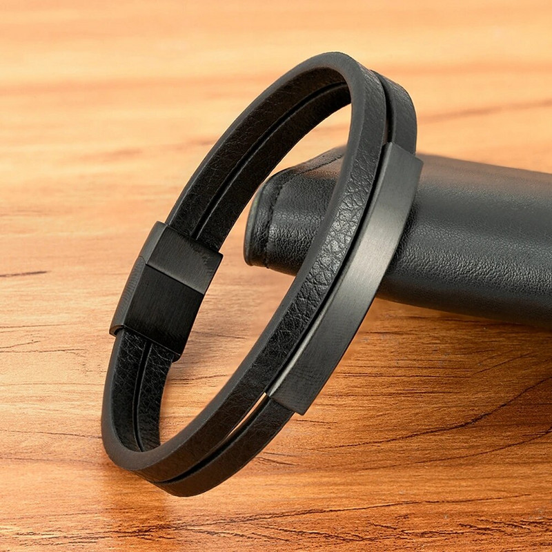 XQNI Brățară și brățară din piele neagră pentru bărbați, stil clasic, din oțel inoxidabil, design cu două straturi, personalizare DIY pentru prieten