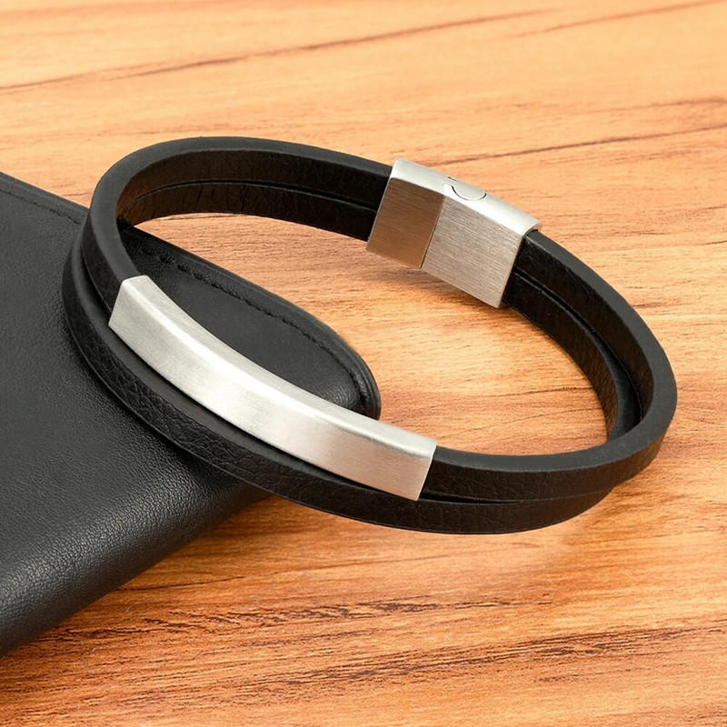 XQNI Brățară și brățară din piele neagră pentru bărbați, stil clasic, din oțel inoxidabil, design cu două straturi, personalizare DIY pentru prieten