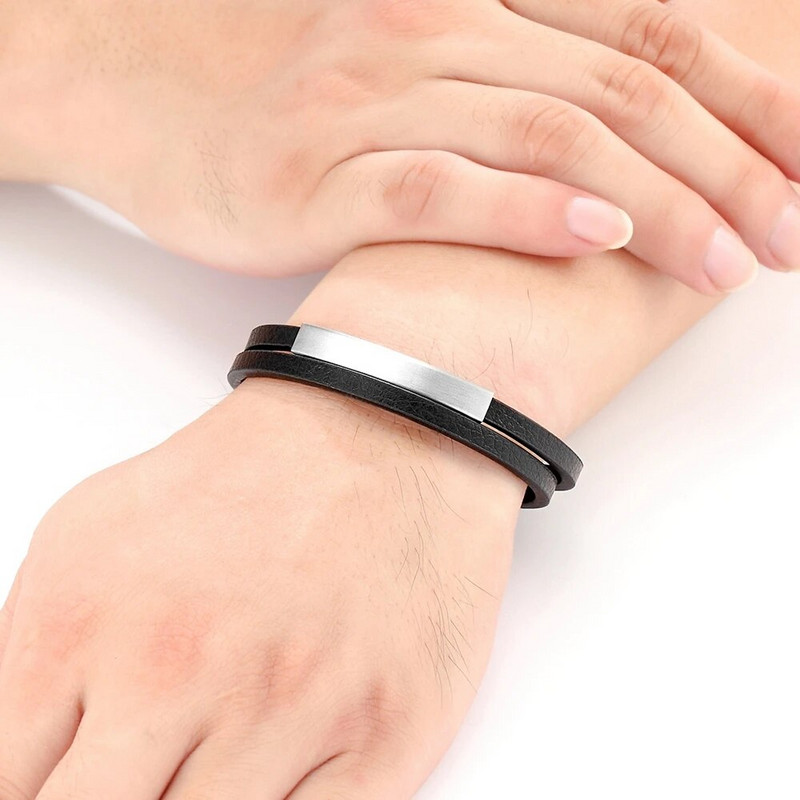 XQNI Brățară și brățară din piele neagră pentru bărbați, stil clasic, din oțel inoxidabil, design cu două straturi, personalizare DIY pentru prieten