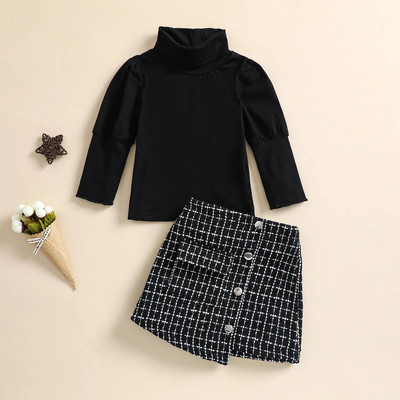 Toddler Baby Girls 2Pcs Fashion Outfits Half Plaid Dress Tops Set Long Sleeve Knitted Pullover + Side Pockets Irregular Skirt