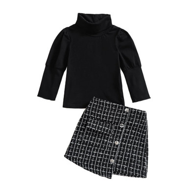 Copii mici fetițe 2 buc ținute la modă rochie în carouri pe jumătate Set de topuri cu mânecă lungă pulover tricotat + buzunare laterale fustă neregulată