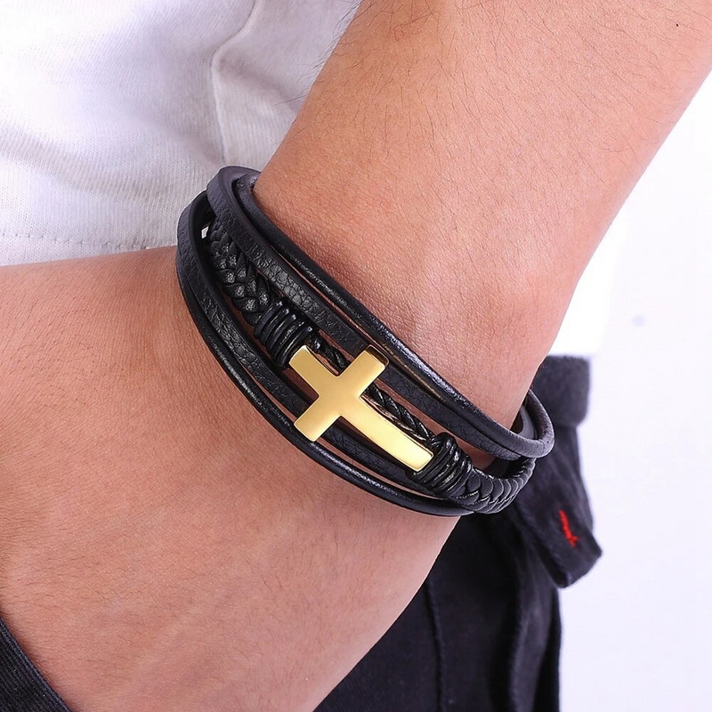 XQNI Cross Style Višeslojni dizajn od nehrđajućeg čelika Modna muška kožna narukvica Klasični poklon za muškarce Odaberite 5 različitih stilova
