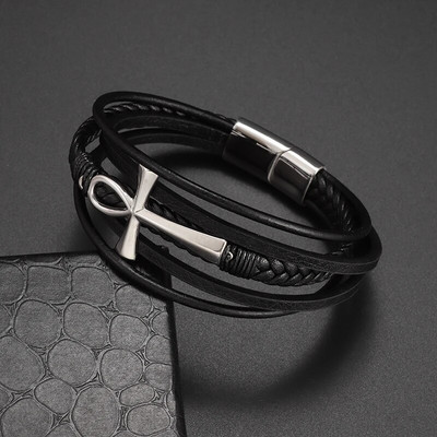 Brățări pentru bărbați cu farmec de modă Cataramă magnetică împletită în straturi din piele Brățară punk rock înfășurată Bijuterii casual pentru bărbați