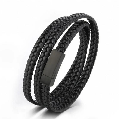 Brățări pentru bărbați cu farmec de modă Cataramă magnetică împletită în straturi din piele Brățară punk rock înfășurată Bijuterii casual pentru bărbați