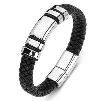 Brățări pentru bărbați cu farmec de modă Cataramă magnetică împletită în straturi din piele Brățară punk rock înfășurată Bijuterii casual pentru bărbați