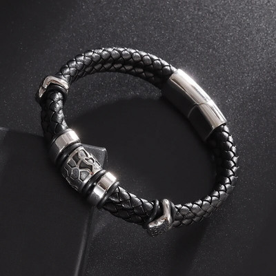Brățări pentru bărbați cu farmec de modă Cataramă magnetică împletită în straturi din piele Brățară punk rock înfășurată Bijuterii casual pentru bărbați