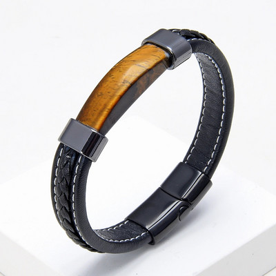 Luksuzna muška crna pletena kožna narukvica od prirodnog kamena, magnetska kopča od nehrđajućeg čelika, trendi narukvica s privjeskom Homme Jewelry