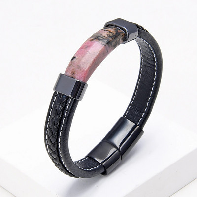 Luksuzna muška crna pletena kožna narukvica od prirodnog kamena, magnetska kopča od nehrđajućeg čelika, trendi narukvica s privjeskom Homme Jewelry