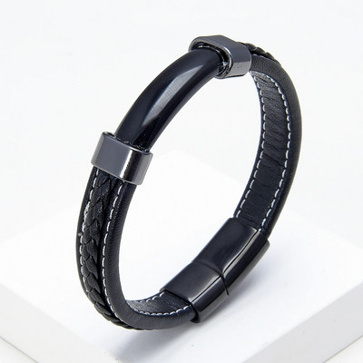 Luksuzna muška crna pletena kožna narukvica od prirodnog kamena, magnetska kopča od nehrđajućeg čelika, trendi narukvica s privjeskom Homme Jewelry