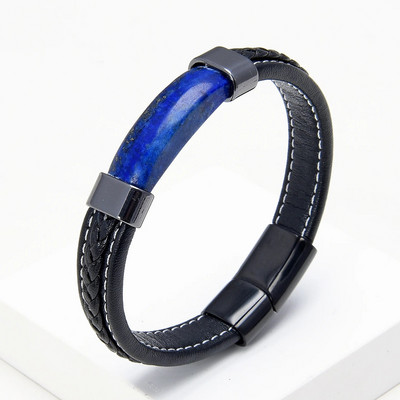 Luksuzna muška crna pletena kožna narukvica od prirodnog kamena, magnetska kopča od nehrđajućeg čelika, trendi narukvica s privjeskom Homme Jewelry