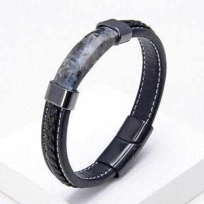 Luksuzna muška crna pletena kožna narukvica od prirodnog kamena, magnetska kopča od nehrđajućeg čelika, trendi narukvica s privjeskom Homme Jewelry
