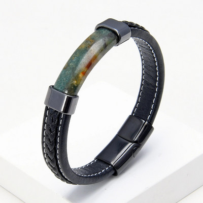 Luksuzna muška crna pletena kožna narukvica od prirodnog kamena, magnetska kopča od nehrđajućeg čelika, trendi narukvica s privjeskom Homme Jewelry