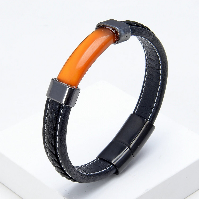 Luksuzna muška crna pletena kožna narukvica od prirodnog kamena, magnetska kopča od nehrđajućeg čelika, trendi narukvica s privjeskom Homme Jewelry